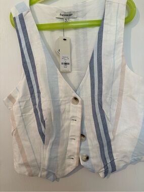 Francesca's White Linen Button Vest with Blue & Tan Stripes